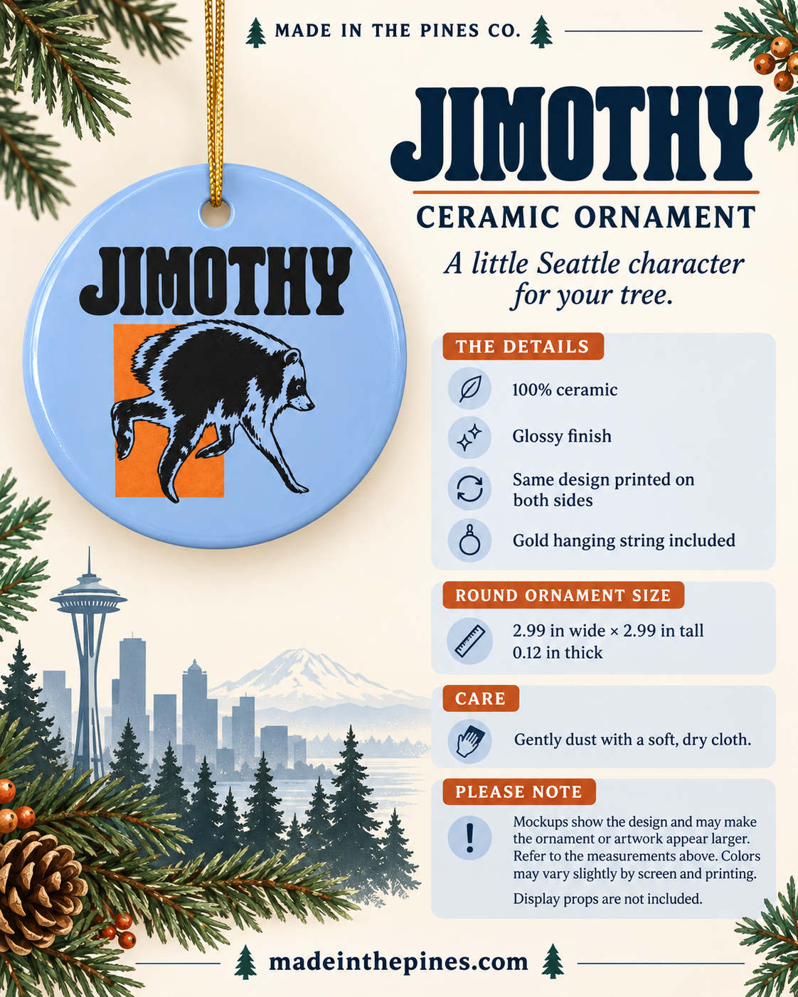 Jimothy Raccoon Illustration Ceramic Ornament | Double-Sided Round Ornament