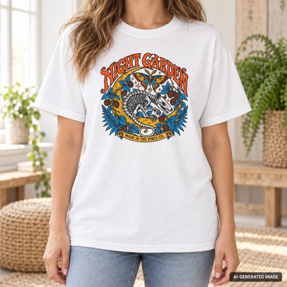 Night Garden T-Shirt, Opossum Skeleton with Moth & Moon, Gothic Botanical Graphic Tee