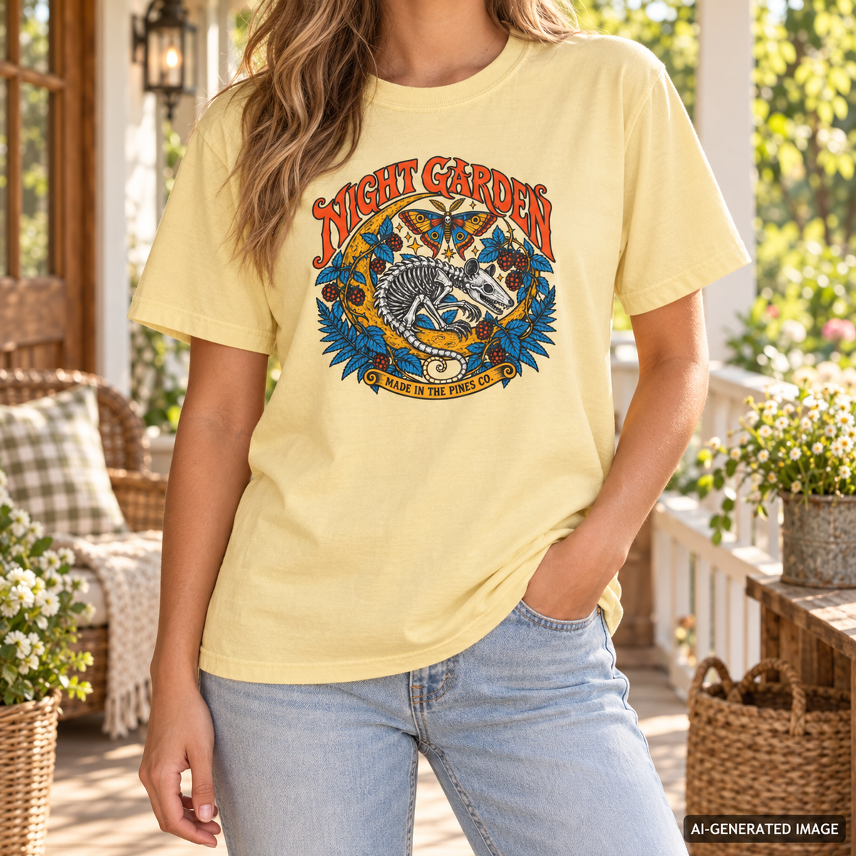 Night Garden T-Shirt, Opossum Skeleton with Moth & Moon, Gothic Botanical Graphic Tee