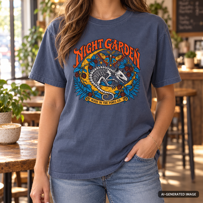 Night Garden T-Shirt, Opossum Skeleton with Moth & Moon, Gothic Botanical Graphic Tee