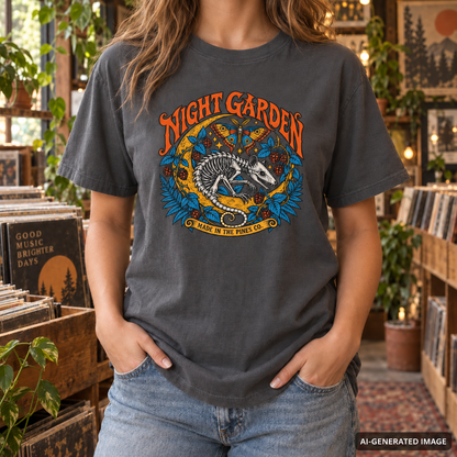 Night Garden T-Shirt, Opossum Skeleton with Moth & Moon, Gothic Botanical Graphic Tee