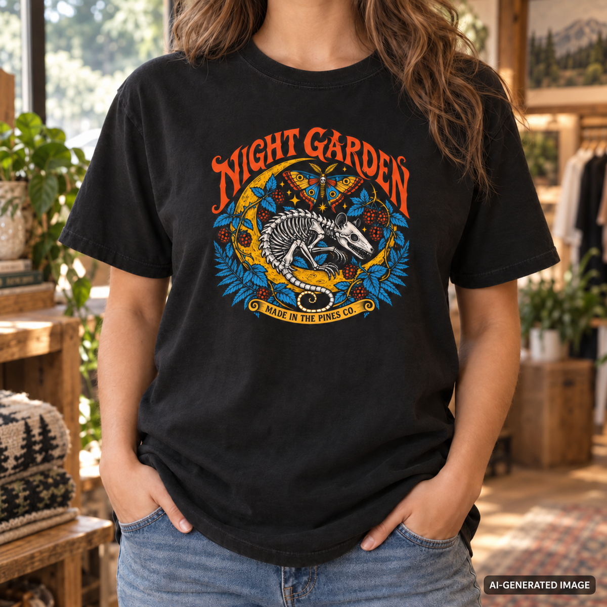 Night Garden T-Shirt, Opossum Skeleton with Moth & Moon, Gothic Botanical Graphic Tee