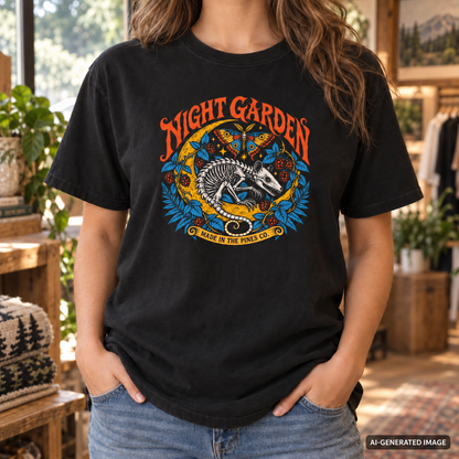 Night Garden T-Shirt, Opossum Skeleton with Moth & Moon, Gothic Botanical Graphic Tee