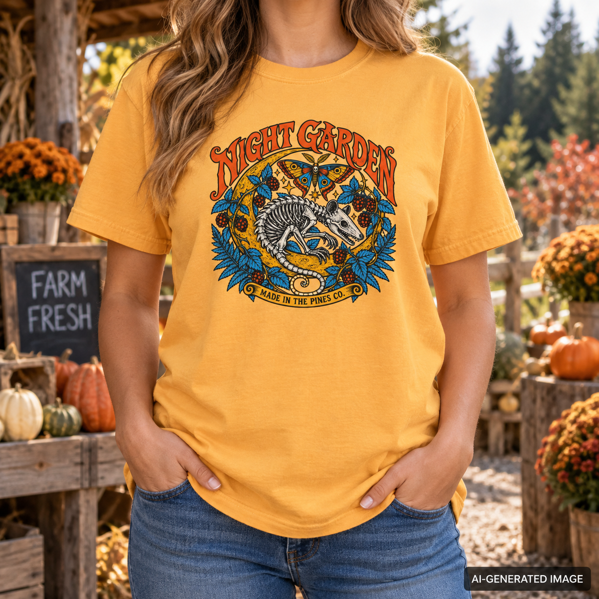 Night Garden T-Shirt, Opossum Skeleton with Moth & Moon, Gothic Botanical Graphic Tee