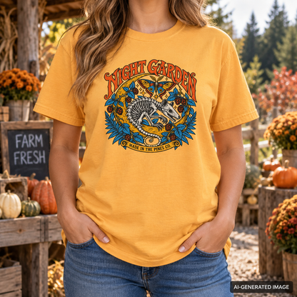 Night Garden T-Shirt, Opossum Skeleton with Moth & Moon, Gothic Botanical Graphic Tee