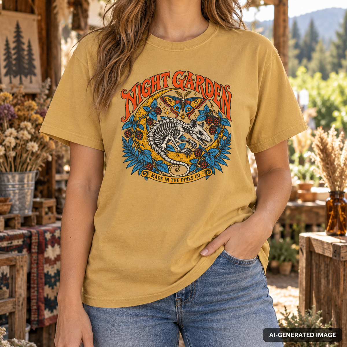 Night Garden T-Shirt, Opossum Skeleton with Moth & Moon, Gothic Botanical Graphic Tee