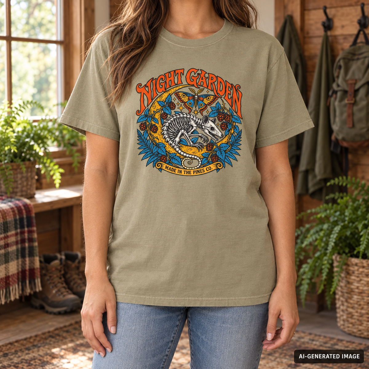 Night Garden T-Shirt, Opossum Skeleton with Moth & Moon, Gothic Botanical Graphic Tee