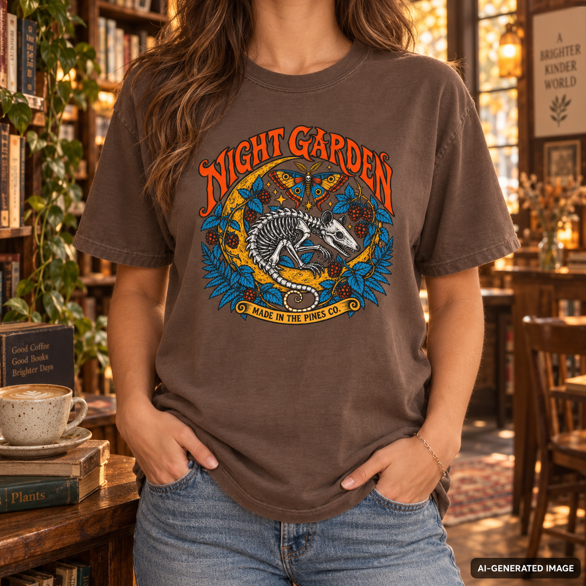 Night Garden T-Shirt, Opossum Skeleton with Moth & Moon, Gothic Botanical Graphic Tee