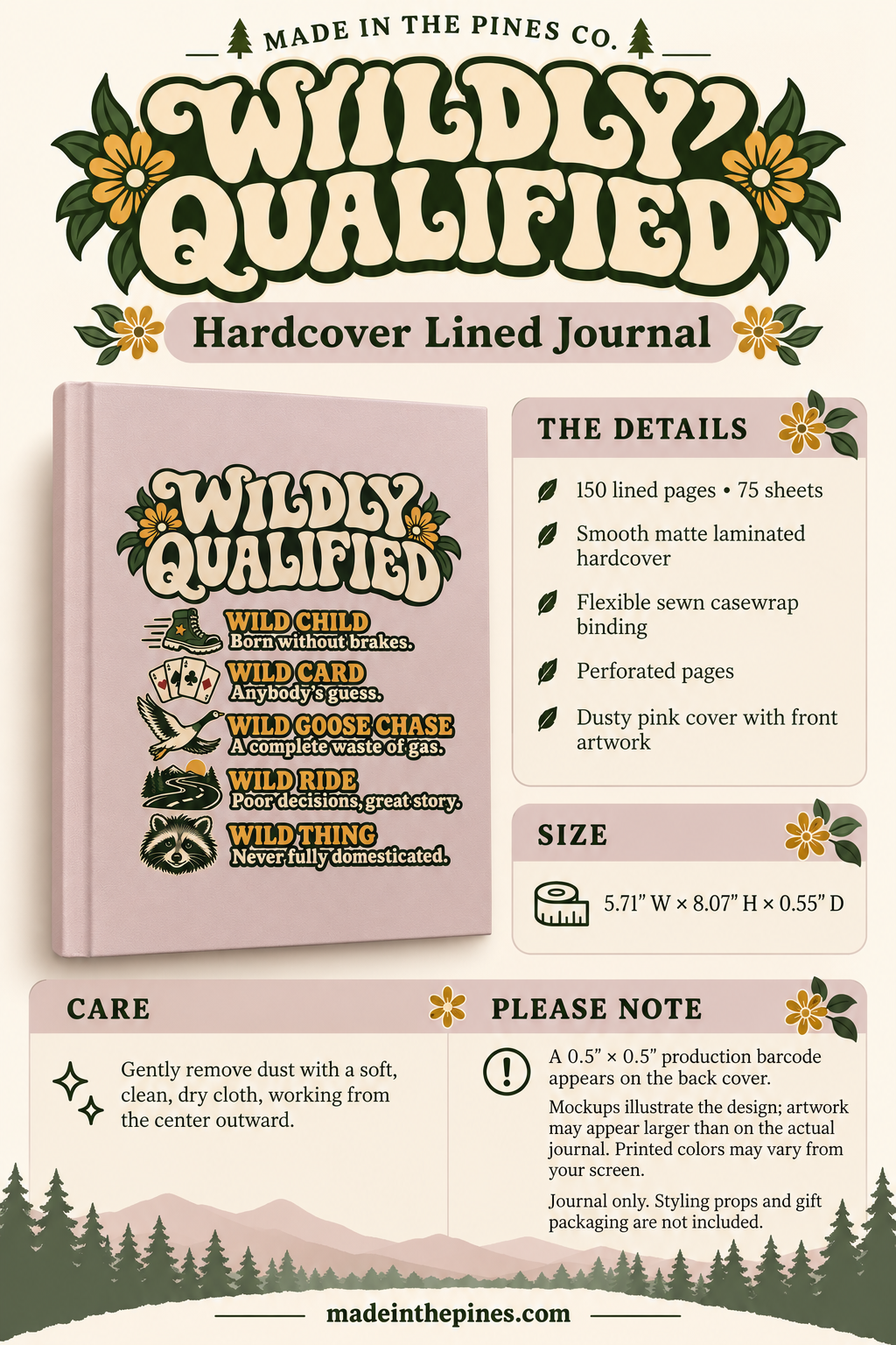 Hardcover Journal — "Wildly Qualified" Retro Floral Notebook for Free Spirits