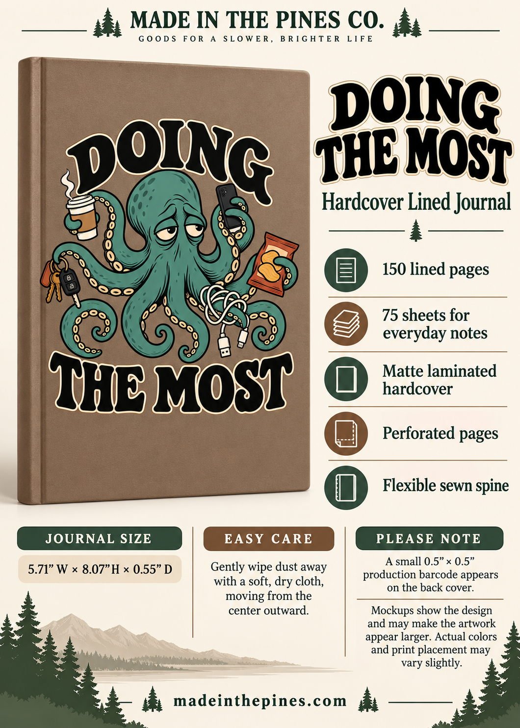 Doing the Most Octopus Journal, Funny Multitasking Notebook, Matte Hardcover Lined Journal, Coworker Gift