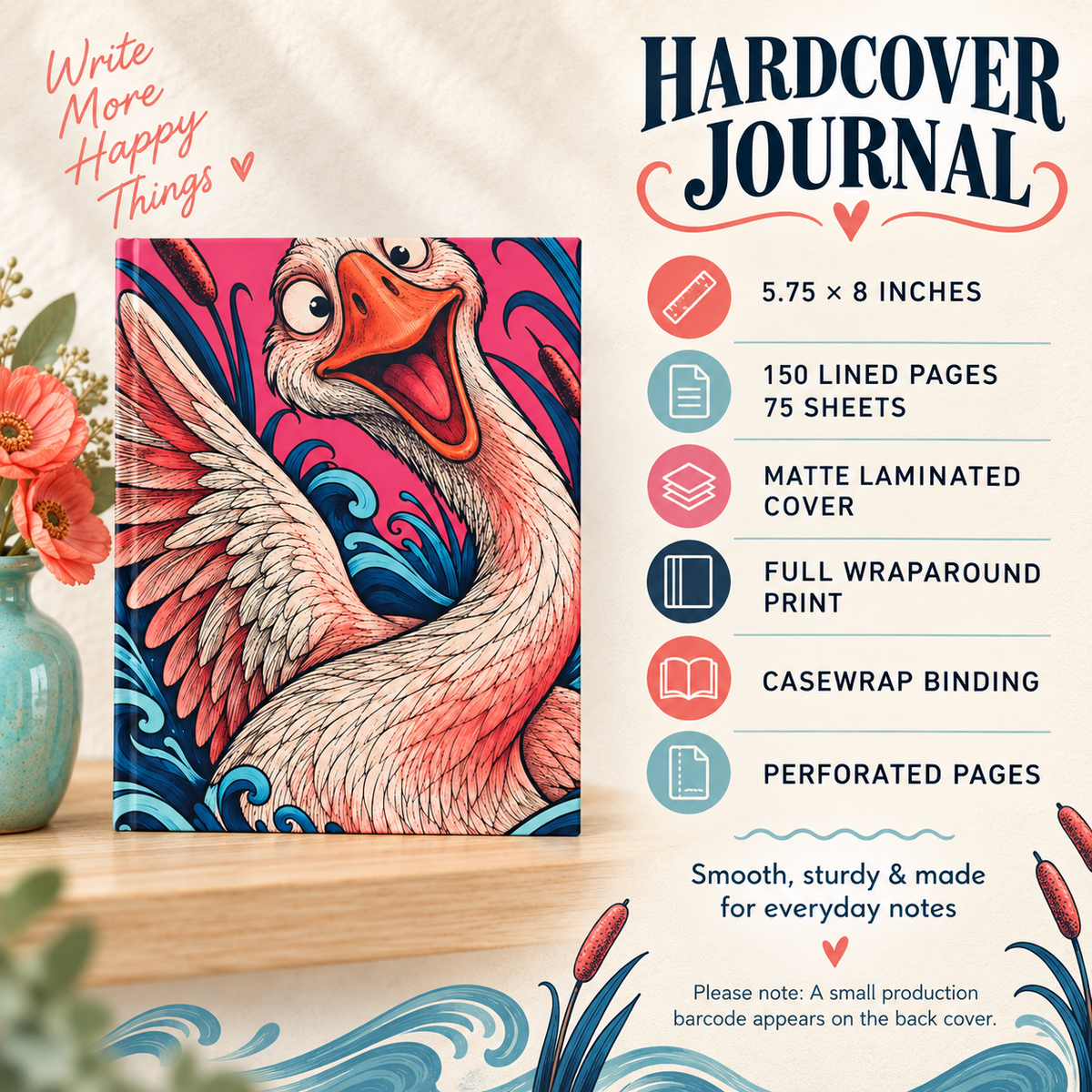 Playful Swan Hardcover Journal — Lined Notebook with Vibrant Feather & Wave Artwork