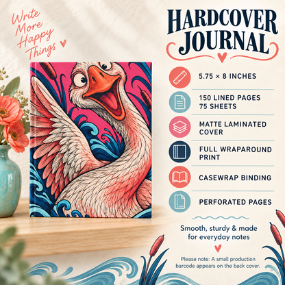 Playful Swan Hardcover Journal — Lined Notebook with Vibrant Feather & Wave Artwork