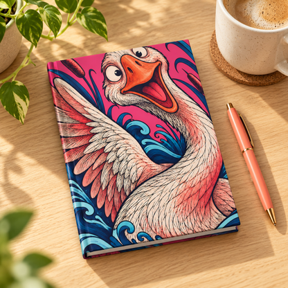 Playful Swan Hardcover Journal — Lined Notebook with Vibrant Feather & Wave Artwork