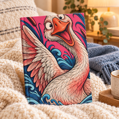 Playful Swan Hardcover Journal — Lined Notebook with Vibrant Feather & Wave Artwork