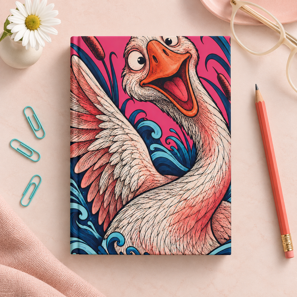 Playful Swan Hardcover Journal — Lined Notebook with Vibrant Feather & Wave Artwork