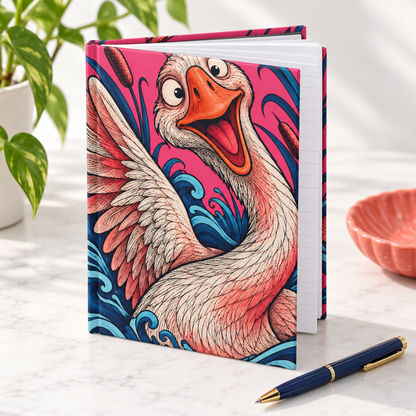 Playful Swan Hardcover Journal — Lined Notebook with Vibrant Feather & Wave Artwork