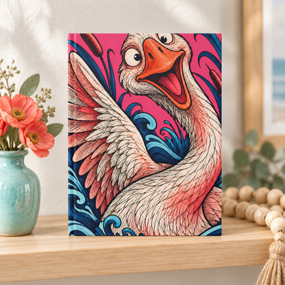 Playful Swan Hardcover Journal — Lined Notebook with Vibrant Feather & Wave Artwork