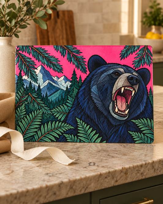 Roaring Bear Glass Cutting Board, Pink Mountain & Forest Kitchen Decor, Pacific Northwest Wildlife Art, Bear Lover Housewarming Gift