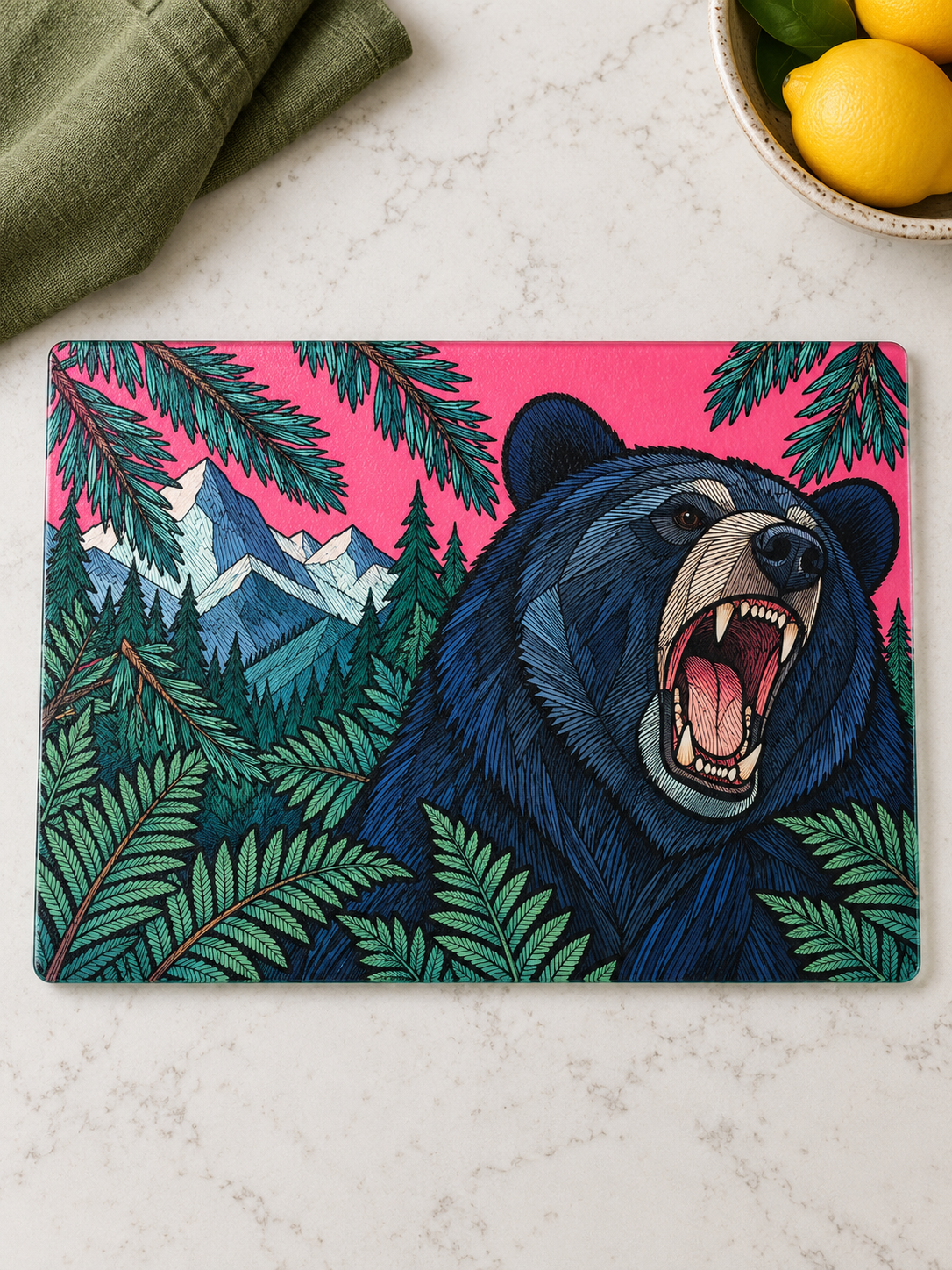 Roaring Bear Glass Cutting Board, Pink Mountain & Forest Kitchen Decor, Pacific Northwest Wildlife Art, Bear Lover Housewarming Gift