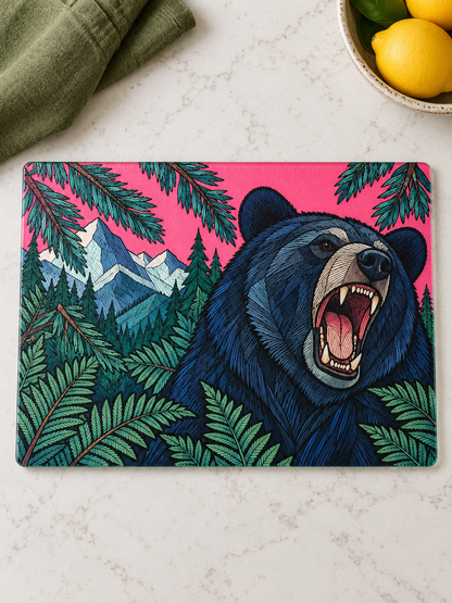 Roaring Bear Glass Cutting Board, Pink Mountain & Forest Kitchen Decor, Pacific Northwest Wildlife Art, Bear Lover Housewarming Gift