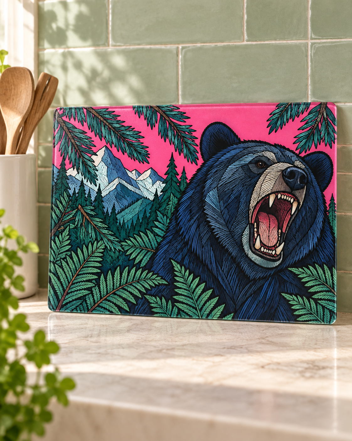 Roaring Bear Glass Cutting Board, Pink Mountain & Forest Kitchen Decor, Pacific Northwest Wildlife Art, Bear Lover Housewarming Gift