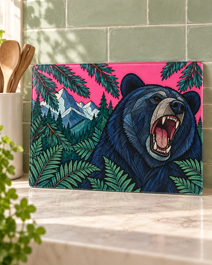 Roaring Bear Glass Cutting Board, Pink Mountain & Forest Kitchen Decor, Pacific Northwest Wildlife Art, Bear Lover Housewarming Gift