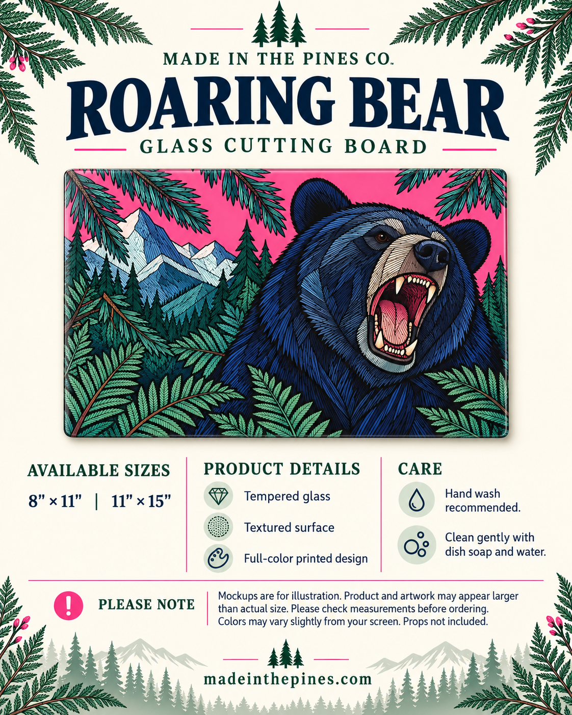 Roaring Bear Glass Cutting Board, Pink Mountain & Forest Kitchen Decor, Pacific Northwest Wildlife Art, Bear Lover Housewarming Gift