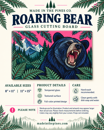 Roaring Bear Glass Cutting Board, Pink Mountain & Forest Kitchen Decor, Pacific Northwest Wildlife Art, Bear Lover Housewarming Gift