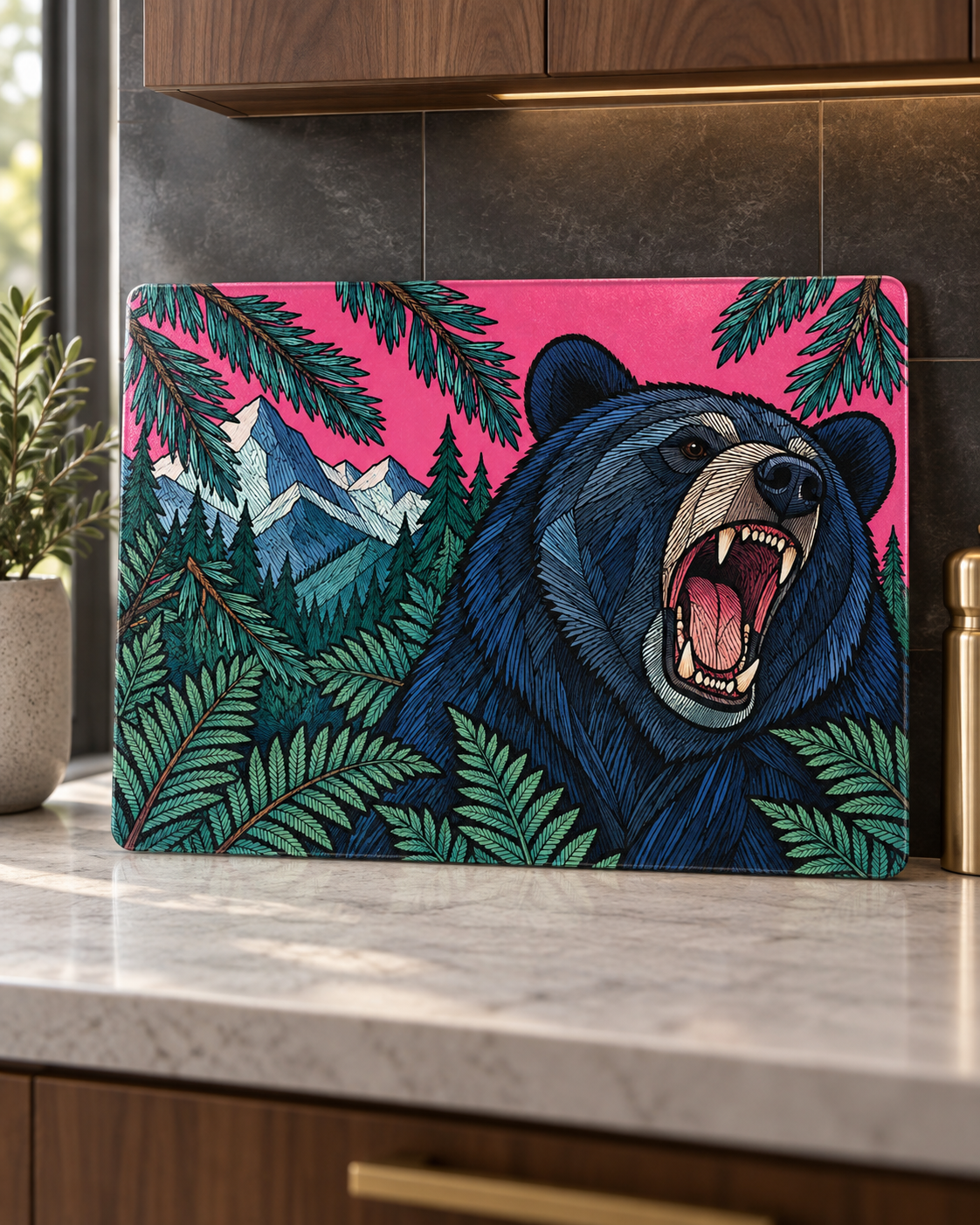 Roaring Bear Glass Cutting Board, Pink Mountain & Forest Kitchen Decor, Pacific Northwest Wildlife Art, Bear Lover Housewarming Gift