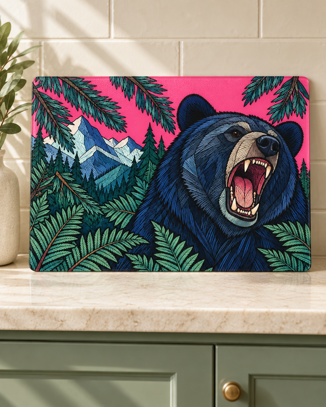 Roaring Bear Glass Cutting Board, Pink Mountain & Forest Kitchen Decor, Pacific Northwest Wildlife Art, Bear Lover Housewarming Gift