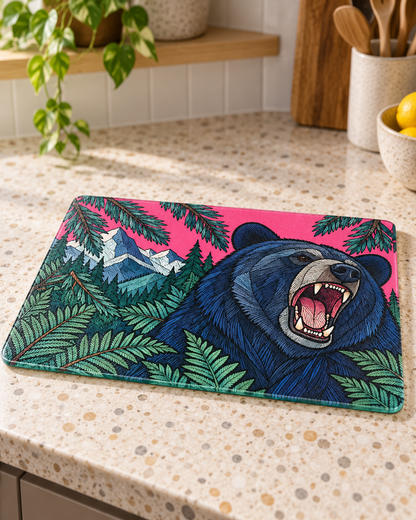 Roaring Bear Glass Cutting Board, Pink Mountain & Forest Kitchen Decor, Pacific Northwest Wildlife Art, Bear Lover Housewarming Gift