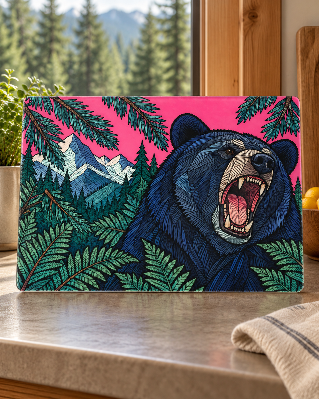 Roaring Bear Glass Cutting Board, Pink Mountain & Forest Kitchen Decor, Pacific Northwest Wildlife Art, Bear Lover Housewarming Gift
