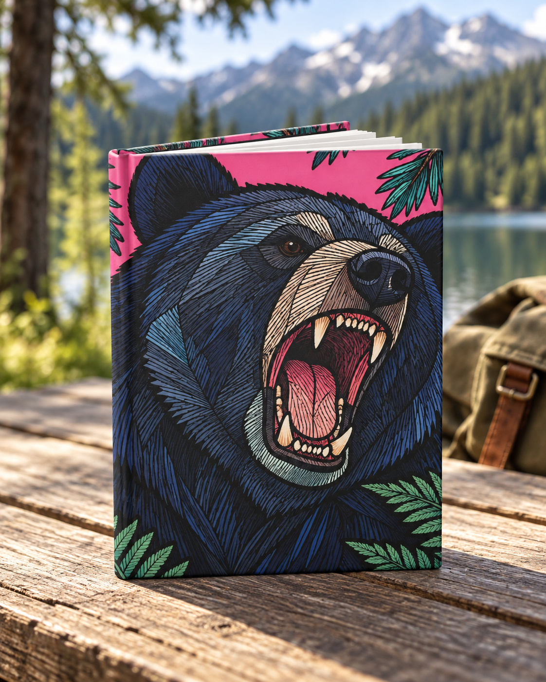 Roaring Bear Hardcover Journal Pink Mountain Forest Notebook Lined Wildlife Nature Gift