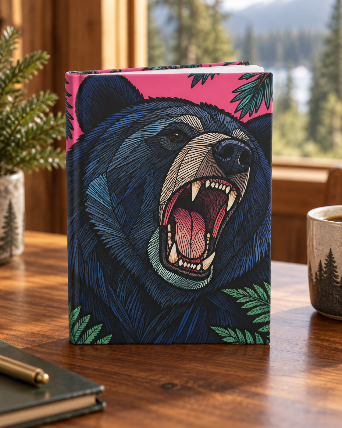 Roaring Bear Hardcover Journal Pink Mountain Forest Notebook Lined Wildlife Nature Gift