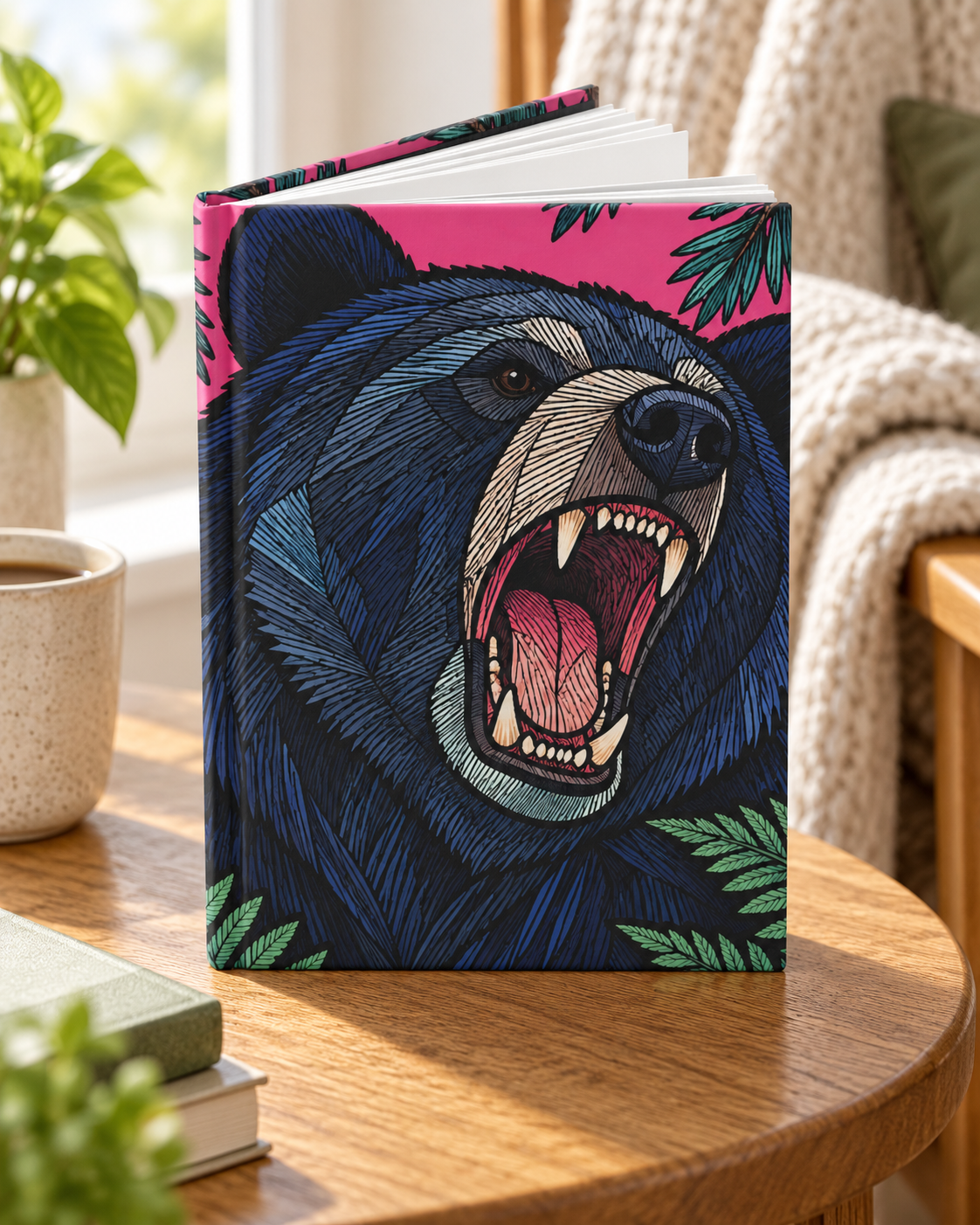 Roaring Bear Hardcover Journal Pink Mountain Forest Notebook Lined Wildlife Nature Gift