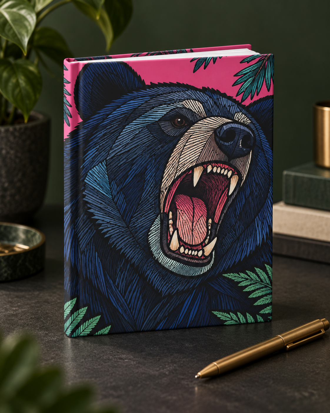 Roaring Bear Hardcover Journal Pink Mountain Forest Notebook Lined Wildlife Nature Gift