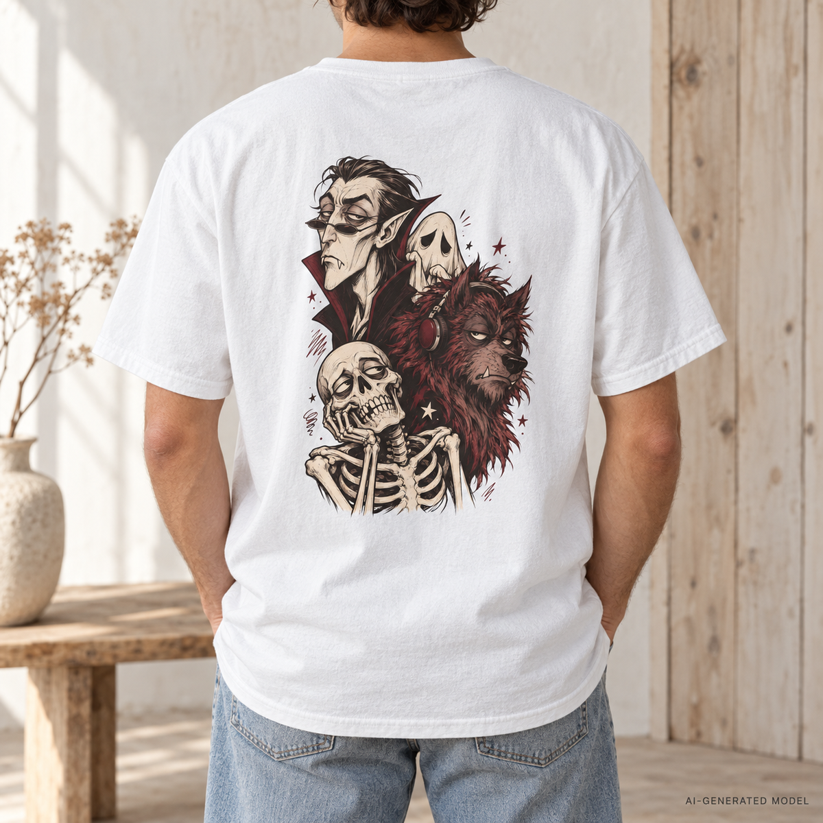 Vampire, Skeleton & Wolf Horror Characters T-Shirt | Spooky Gothic Illustration
