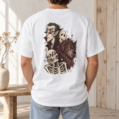 Vampire, Skeleton & Wolf Horror Characters T-Shirt | Spooky Gothic Illustration
