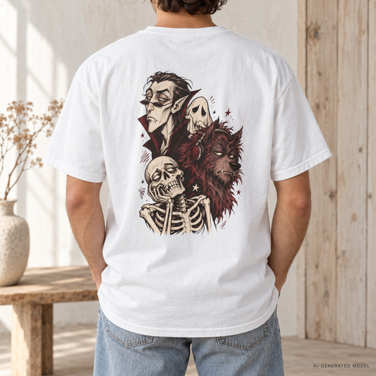 Vampire, Skeleton & Wolf Horror Characters T-Shirt | Spooky Gothic Illustration