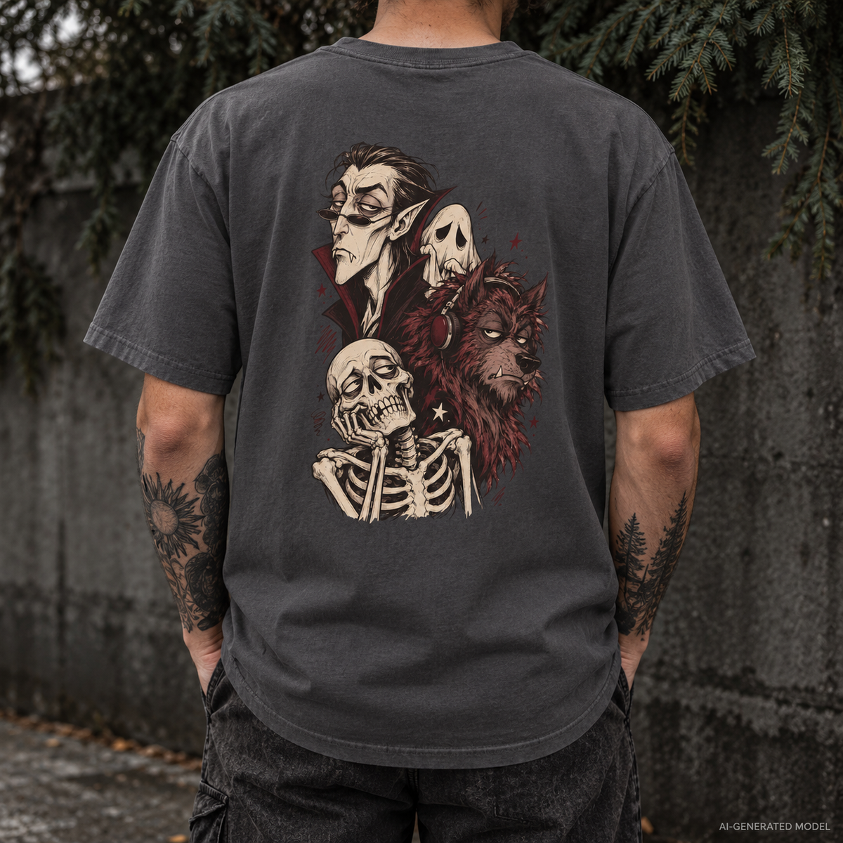 Vampire, Skeleton & Wolf Horror Characters T-Shirt | Spooky Gothic Illustration