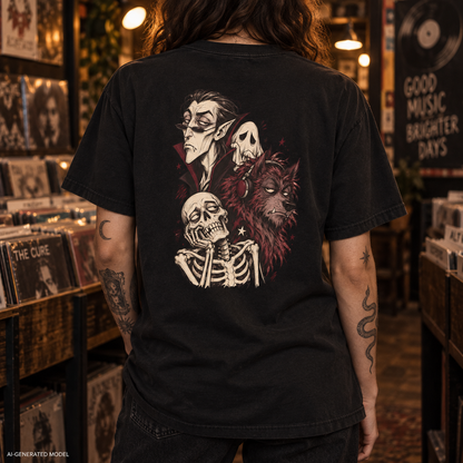 Vampire, Skeleton & Wolf Horror Characters T-Shirt | Spooky Gothic Illustration