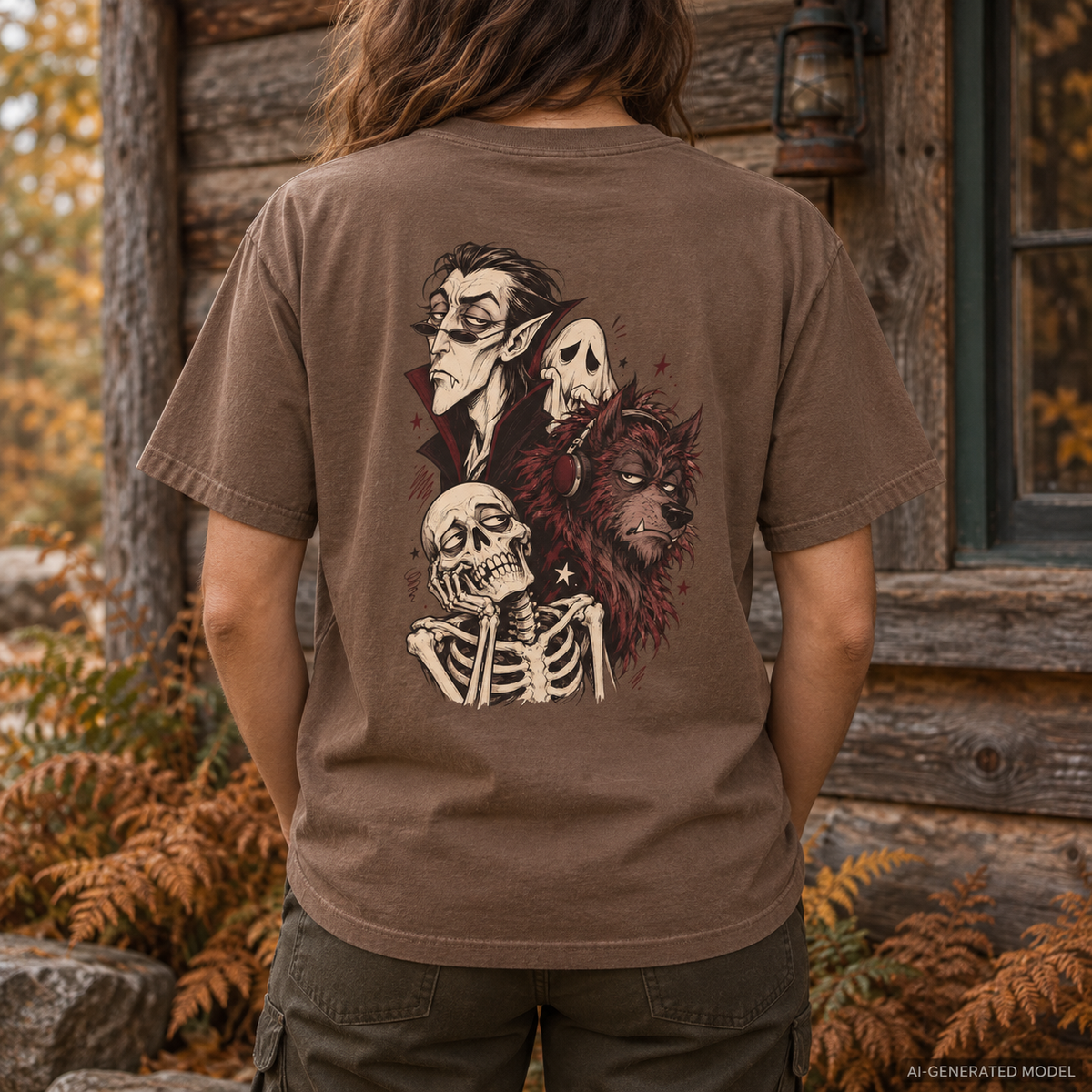 Vampire, Skeleton & Wolf Horror Characters T-Shirt | Spooky Gothic Illustration