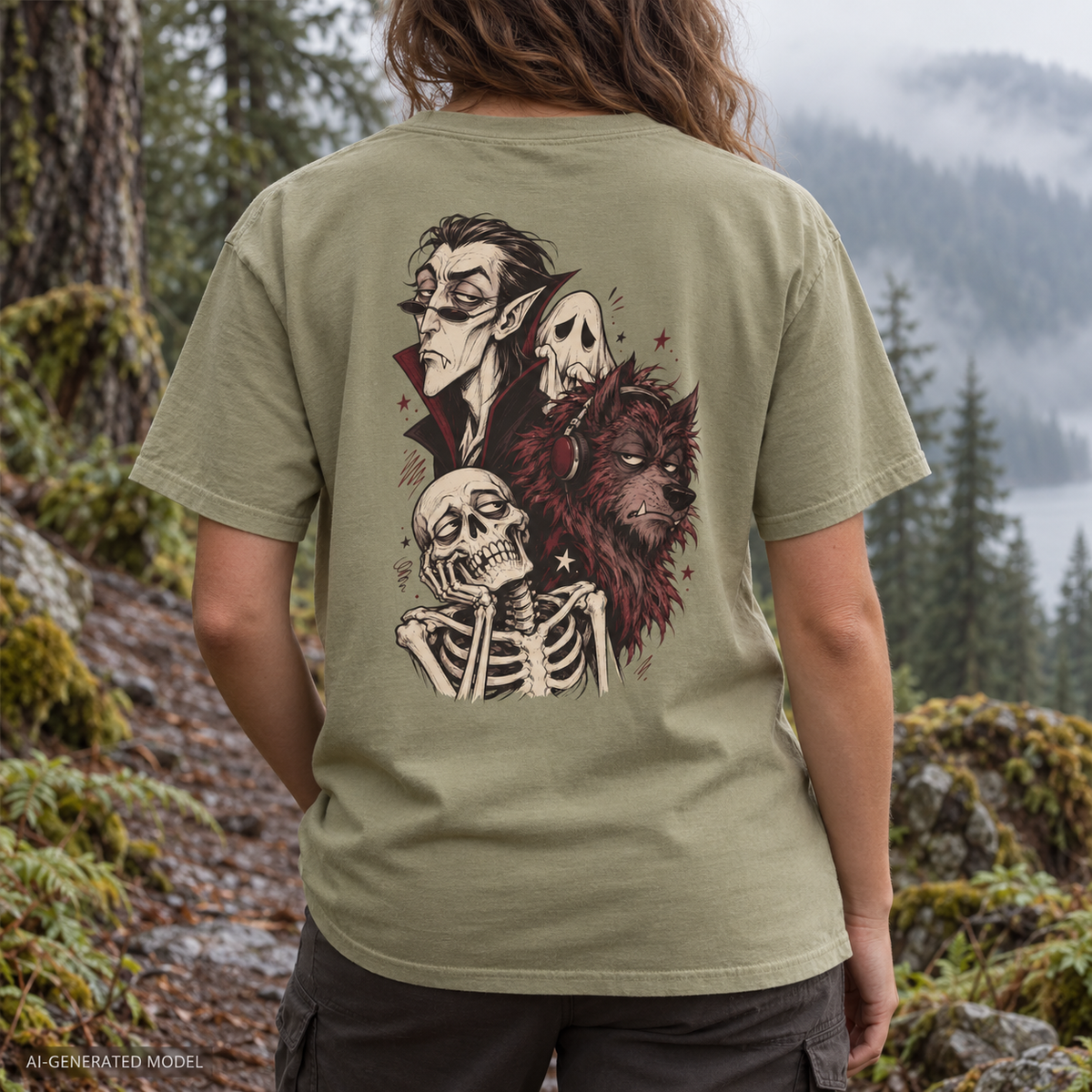 Vampire, Skeleton & Wolf Horror Characters T-Shirt | Spooky Gothic Illustration