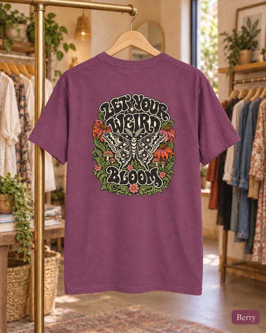 Let Your Weird Bloom T-shirt | Butterfly Floral Retro Design