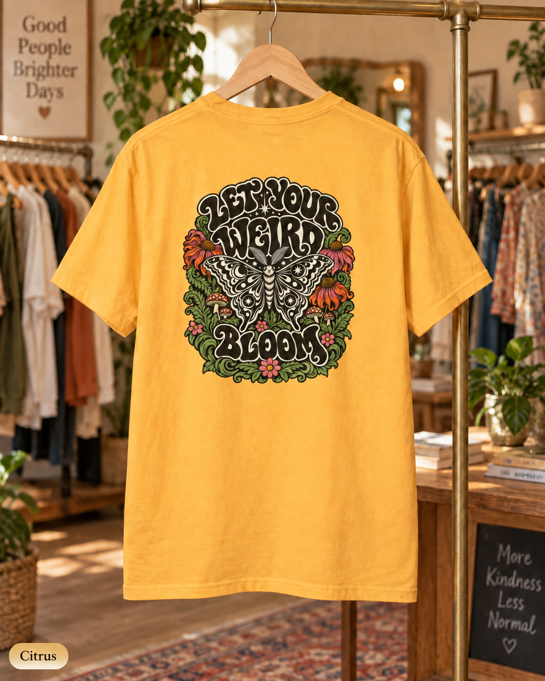 Let Your Weird Bloom T-shirt | Butterfly Floral Retro Design