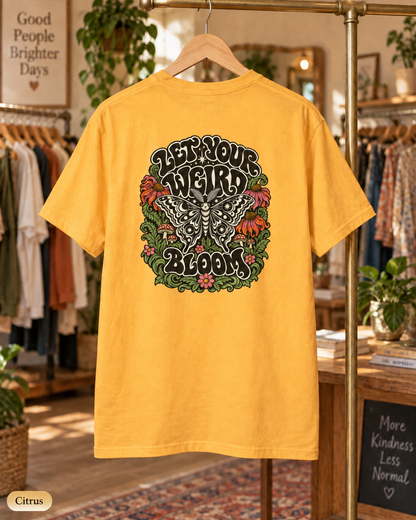 Let Your Weird Bloom T-shirt | Butterfly Floral Retro Design
