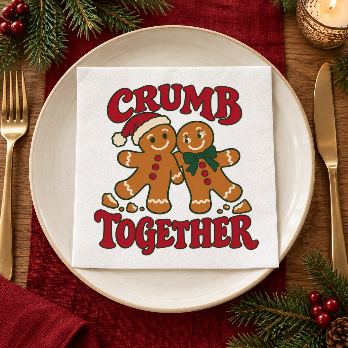 Holiday Napkins — "Crumb Together" Gingerbread Couple Party Napkins