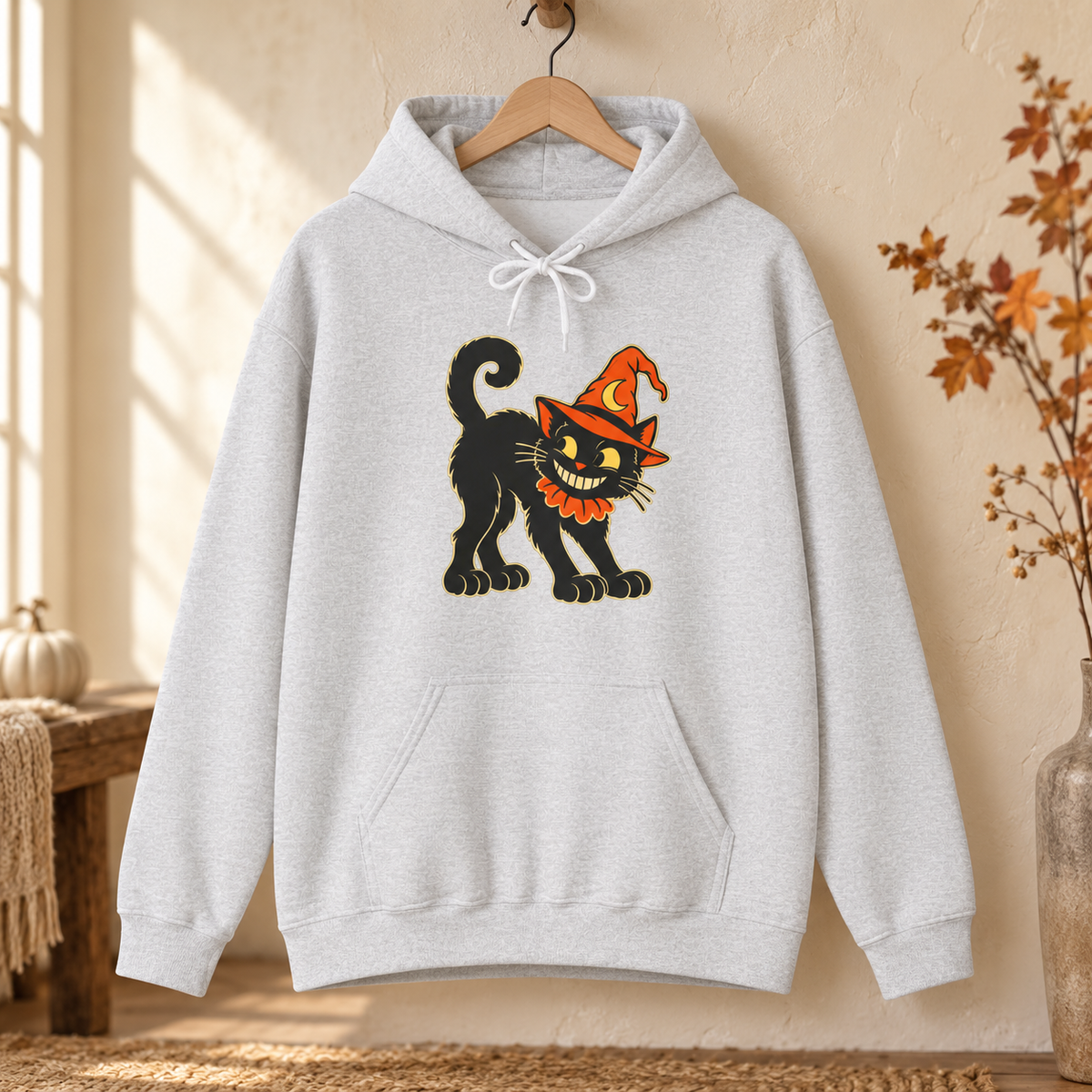 Halloween Black Cat Hoodie – Vintage Witch Hat Cat Pullover