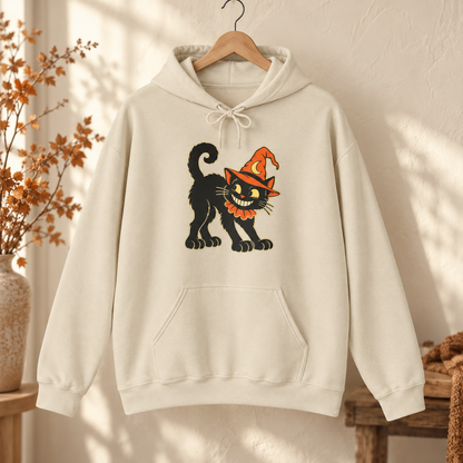 Halloween Black Cat Hoodie – Vintage Witch Hat Cat Pullover