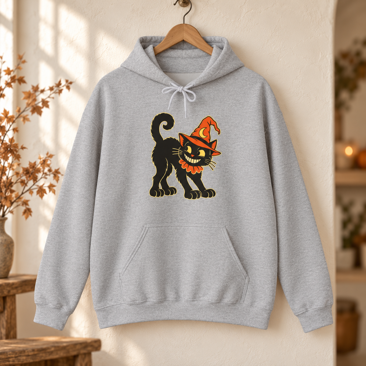 Halloween Black Cat Hoodie – Vintage Witch Hat Cat Pullover